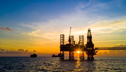 Obraz premium Silhouette of oil rig platform at sunset with small ship container nearby. 