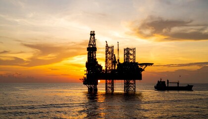 Obraz premium Silhouette of oil rig platform at sunset with small ship container nearby. 
