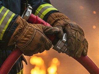 Close-up of a firefighter’s gloved hands uncoiling a hose