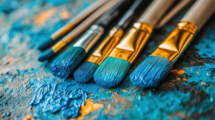 Obraz premium Blue-hued paintbrushes rest on a vibrant palette