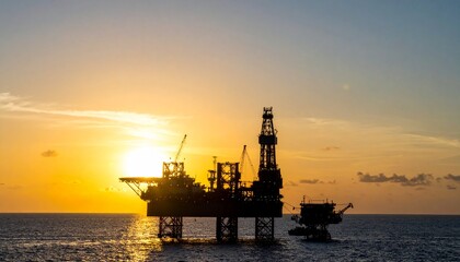 Obraz premium Silhouette of oil rig platform at sunset with small ship container nearby. 