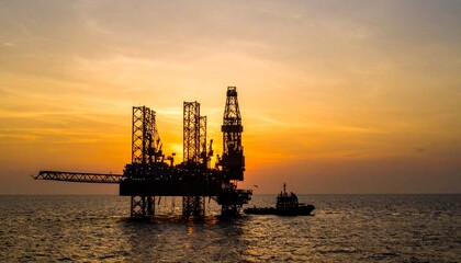 Obraz premium Silhouette of oil rig platform at sunset with small ship container nearby. 