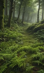 Fototapeta premium Lush green ferns and moss carpet forest floor, botanical, detail