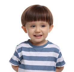 Portrait of adorable little boy on white background