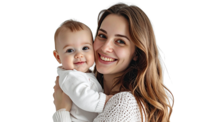 Smiling young mother holding her baby daughter isolated on white background. Suitable for marketing or business purposes. PNG file