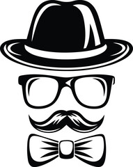 Stylish Man Hat Glasses Mustache Tie Bow silhouette vector illustration, Man Hat Glasses Mustache Tie Bow line art vector, Man Hat Glasses Mustache Tie Bow vector icon design