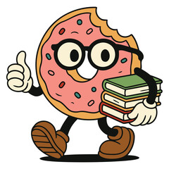 Smart Donut Cartoon with Books and Glasses
