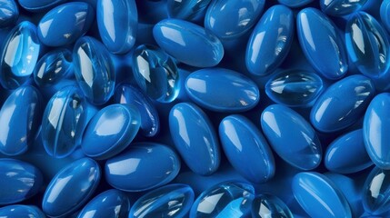 Closeup heap of blue capsule pills medicines as medical background. Generated AI image