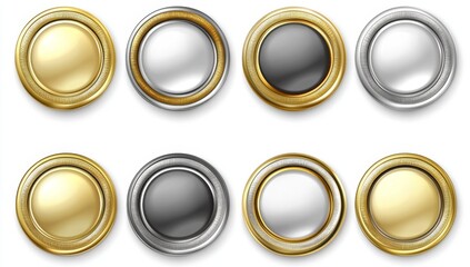 Set of decorative round buttons in gold, silver, and black