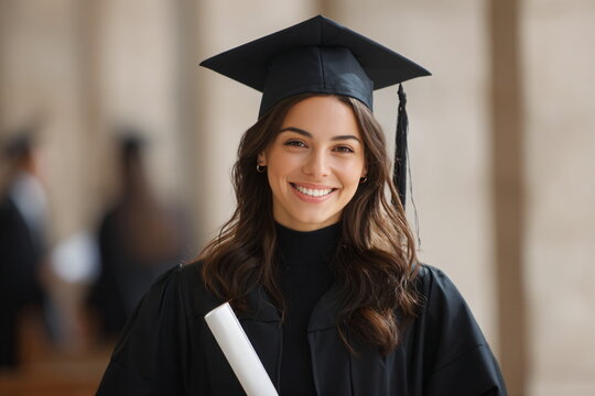 education, graduation and people concept - smiling young woman in mortarboard and gown with diploma