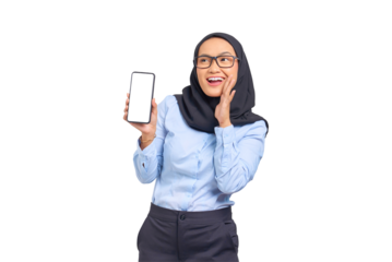 Portrait of smiling young Asian woman showing blank screen mobile phone and looking at camera isolated on transparent background