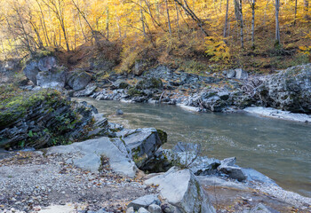 morning walks along the banks of the river with a view of the canyon structure - on a cool autumn morning