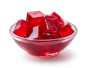 Red gelatin cubes in a small glass bowl