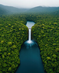 a powerful waterfall in a tropical rainforest, A breathtaking aerial view of a lush forest surrounding a stunning waterfall cascading into a calm river.