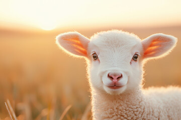 Fototapeta premium A cute lamb stands in a sunlit field, capturing the essence of tranquility and natural beauty at sunset.