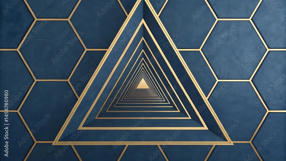 Aufkleber Geometric pattern with blue hexagons and a triangular tunnel with golden outlines creating depth