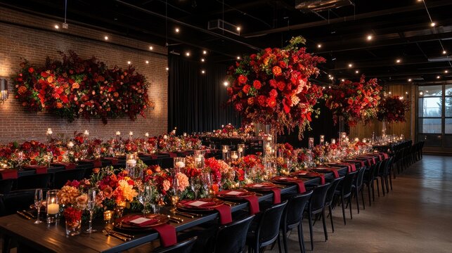 Elegant wedding reception table setting with red and orange floral decor