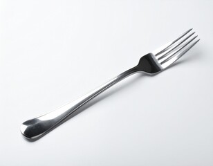 Single, shiny, stainless steel utensil with tines and a long, curved handle, placed on a white surface, ready for eating