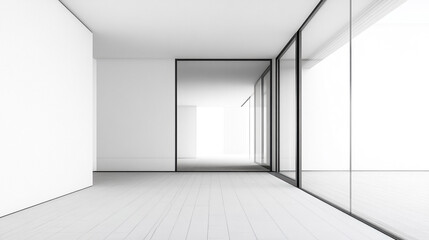 Fototapeta premium Minimalist interior with white walls and large glass panels for modern architectural design with copy space