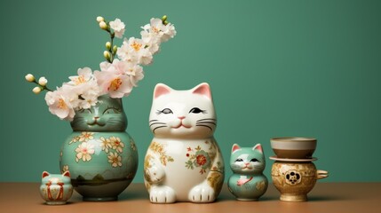 Maneki neko lucky cat statue Feng Shui business arrangement with green background. AI generated
