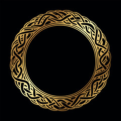 Golden Round Decorative Frame Vector with Ethnic and Celtic Ornament on Black Background for Elegant Designs and Branding Projects