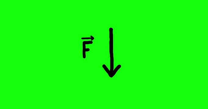 Cartoon force arrow down and f symbol greenbox. Physics, chemistry. Experiment illustrating physical process of force. Cartoon isolated object good for educational