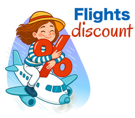 Happy woman with flight discount. Summer air travel sales. Cheapest flights, hot prices. Flight tickets sale concept. Savings on travels, vacation discounts.	
