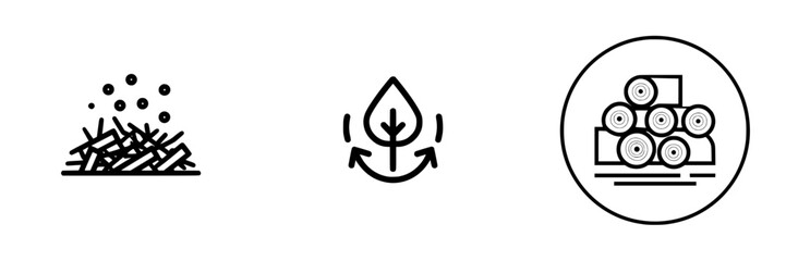 Vector illustration icons representing biomass, sustainability, and wood materials in a modern graphic style