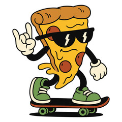 Skater Pizza Cartoon with Sunglasses and Skateboard