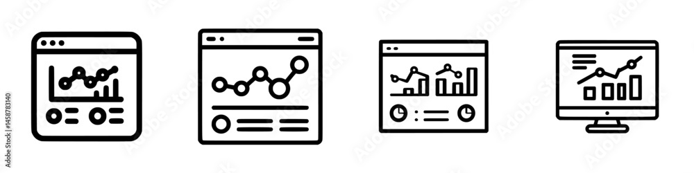 Poster vector illustration depicting multiple desktop web interface designs showcasing data analytics and g