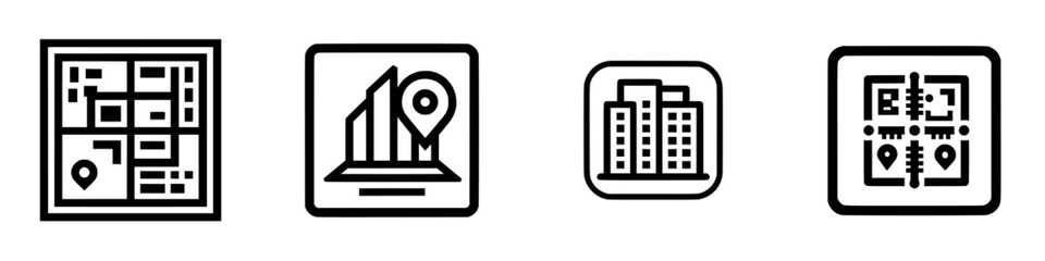 Vector illustration icons depicting maps, buildings, and location markers suitable for urban planning and navigation applications