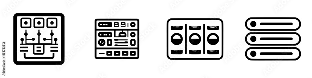 Poster vector illustration icons representing various user interface elements and data management tools in 