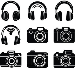 Headphones and Cameras A Collection of Simple Black Icons