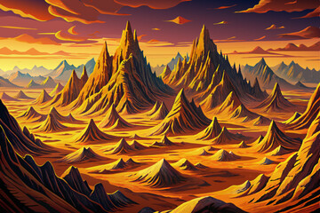 landscape of eroded peaks and deep gullies glowing in the warm light of sunset, showcasing striking geological formations and rugged terrain. Ideal for nature, geology, desert travel, and outdoor