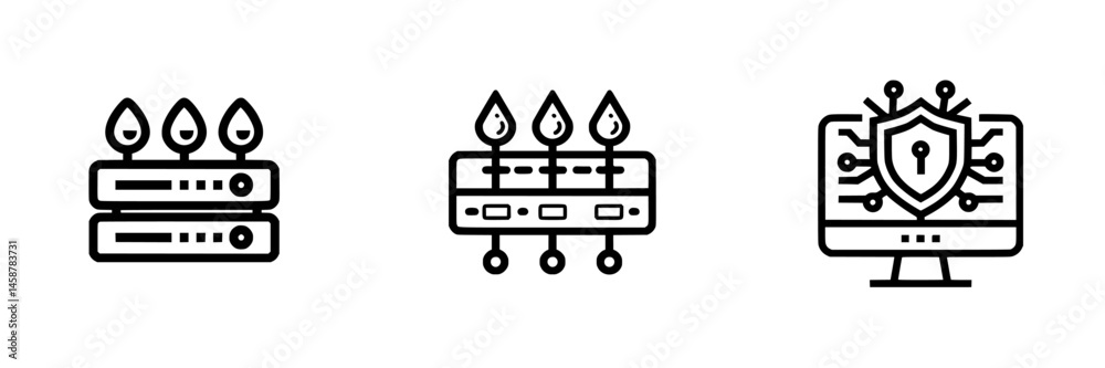 Poster vector illustration of data protection icons with server and computer symbols representing cybersecu