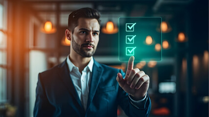 businessman pressing a touchscreen button