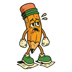 Tired Pencil Cartoon Character Standing on Paper