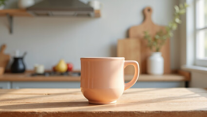 Cozy peach-colored mug on wooden table in bright sunlit kitchen with natural light and warm rustic decor creates relaxed homey moment and gentle slow-living aesthetic, mockup