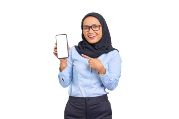 Portrait of smiling young Asian woman pointing fingers at blank screen mobile phone isolated on transparent background