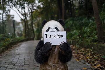 Panda holding a thank you sign in a park setting.