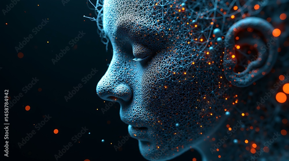 Poster digital brain network overlay on a woman's head illustrating artificial intelligence and machine lea