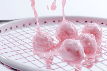 Tennis racket with melting ice cream balls on white background