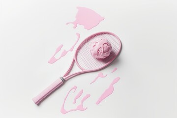 Pink tennis racket with ice cream ball on white background