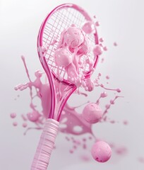 Tennis racket with melting pink ice cream balls on light background