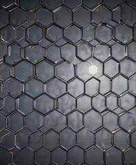 Fototapeta premium Subtle light illuminating metallic hexagonal grid, technology, grey, geometric