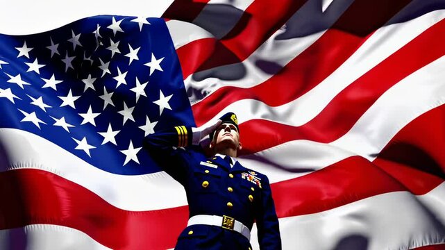 Soldier wearing military uniform standing proudly, saluting waving american flag against white background, symbolizing national pride, honor, and dedication to armed forces