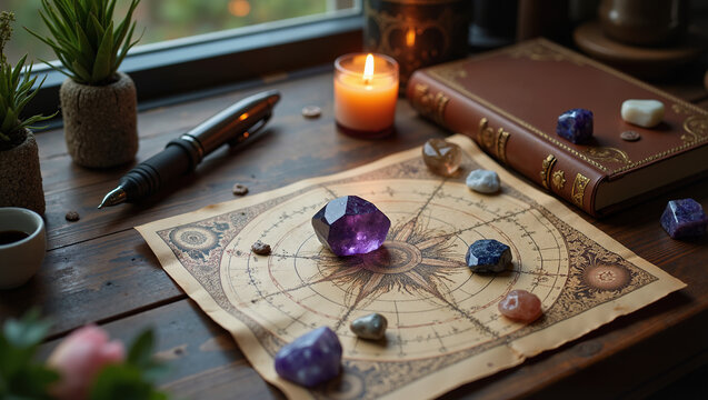 Mystical scene with amethyst crystals placed on antique astrology chart surrounded by candlelight and old journal creates spiritual, magical and meditative mood with boho ambiance

