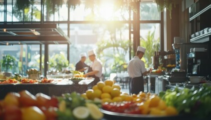 Busy restaurant kitchen, chefs in action