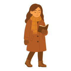 Girl in warm coat and scarf reading a book outdoors. Cozy autumn cartoon illustration.