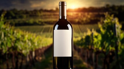 Fototapeta premium Red wine bottle vineyard sunset golden hour blank label rustic